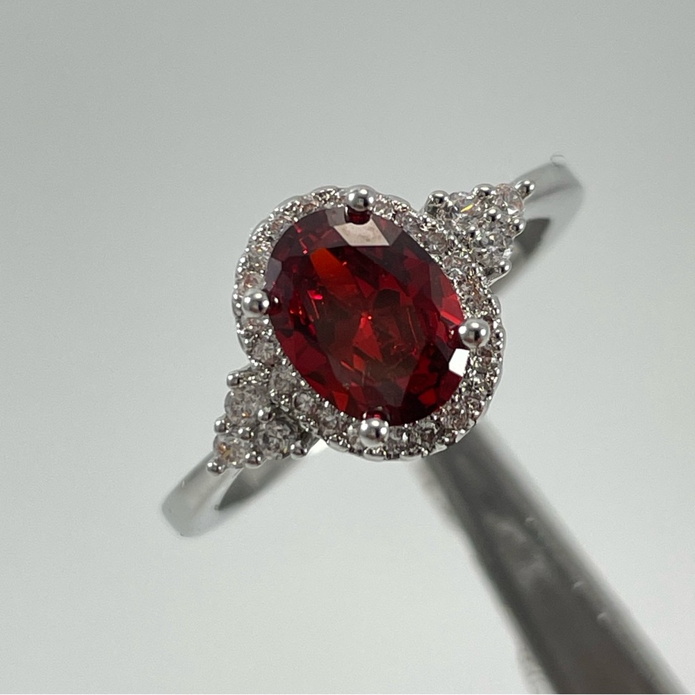 Beautiful Dainty Trendy Oval Cut Halo Red Ruby Diamond CZ Silver Plated Ring